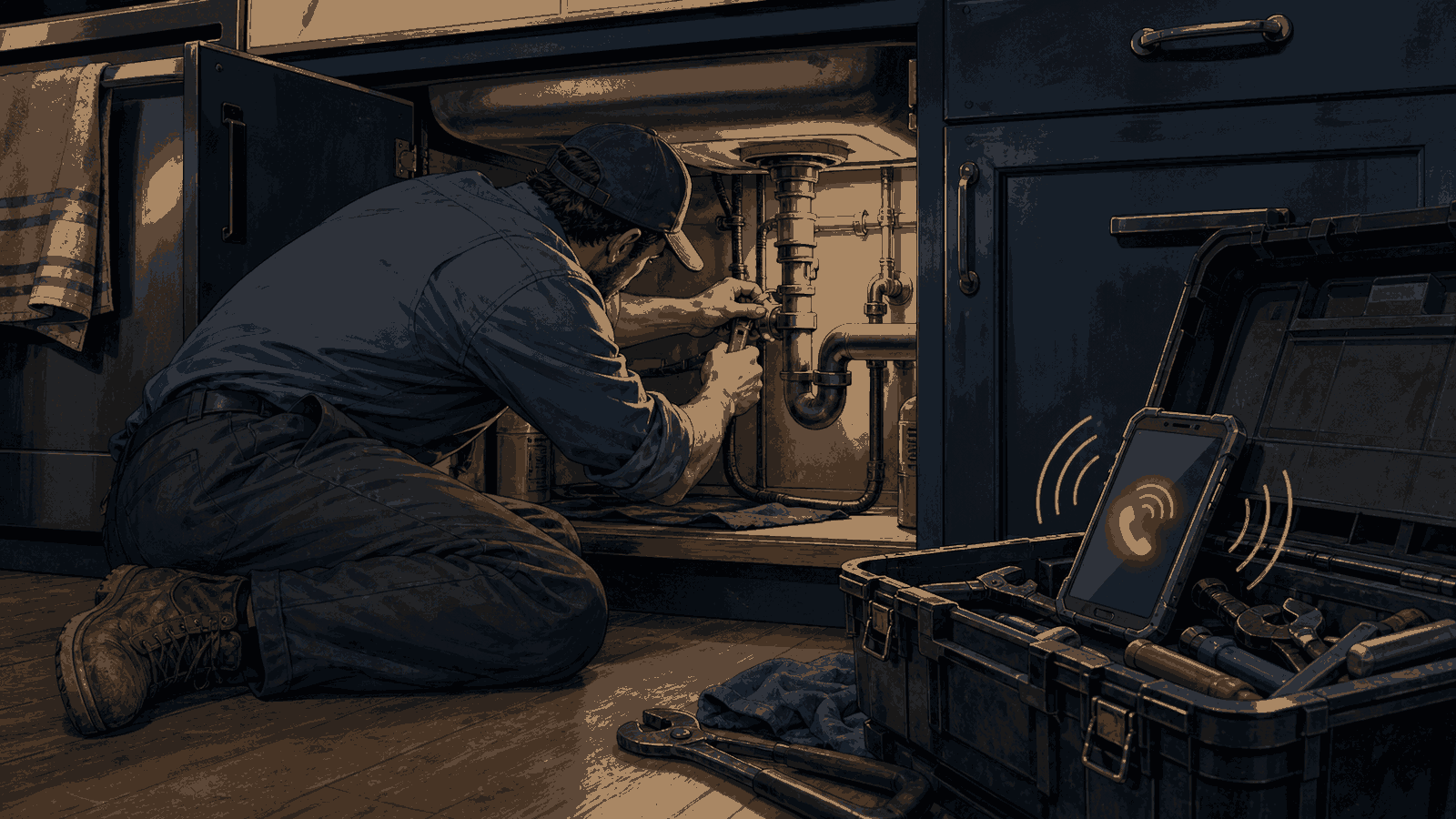 A plumber working under a sink while a phone rings on a nearby toolbox